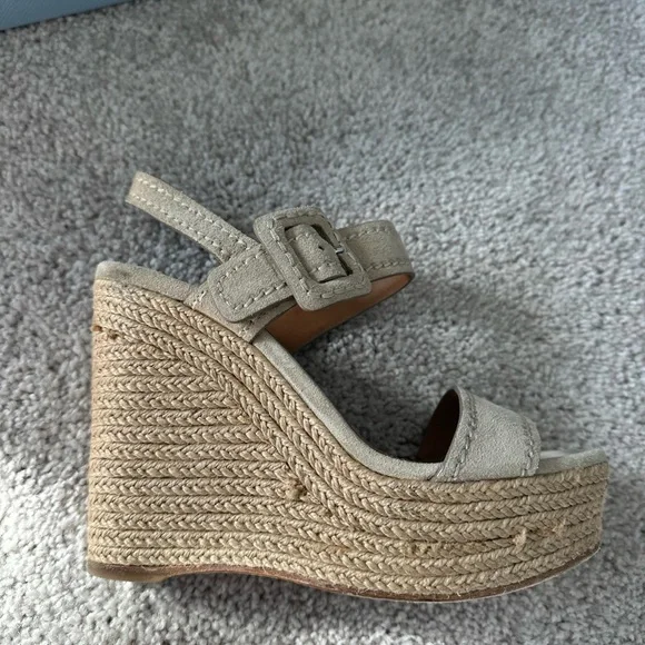 Prada Nude Suede Jute 4 inch Wedge Peep Toe Sandal 35.5 /  5.5 US $850 - Picture 5 of 14